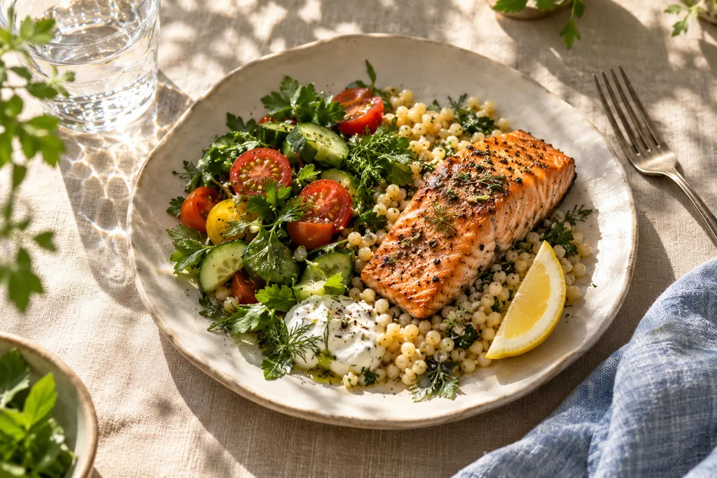 A colorful home lunch of salmon, couscous, vegetables, and fresh herbs in morning sunshine