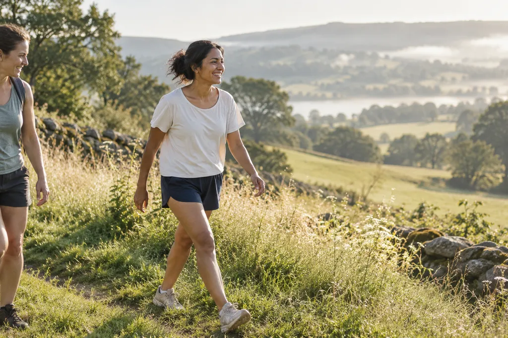 A woman enjoying a morning walk along a sunlit countryside path