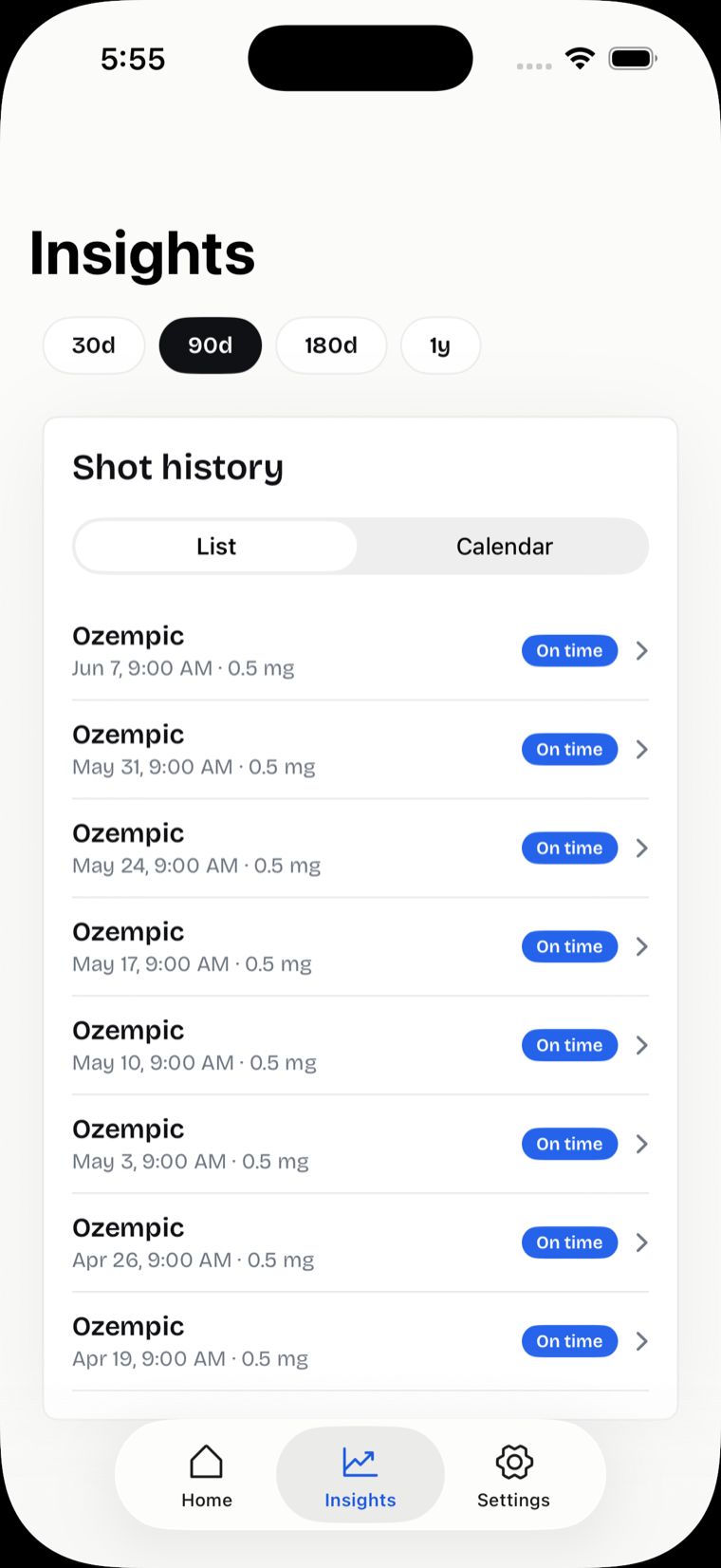 Jabful shot history list with dates, doses, and injection sites